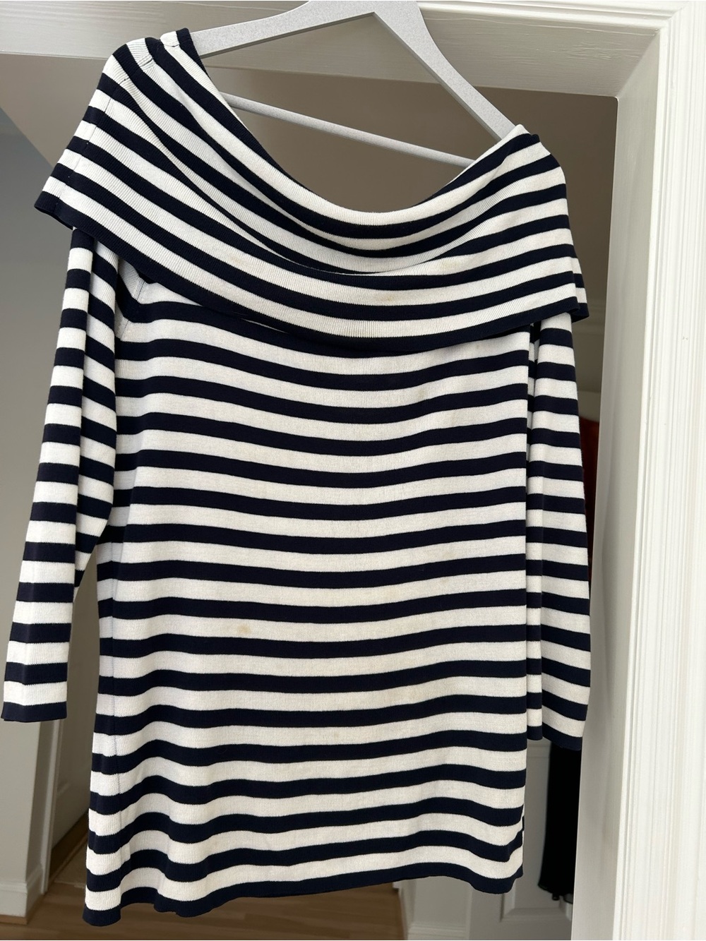Ellen Tracy Navy and White Striped Off-the-Shoulder Sweater